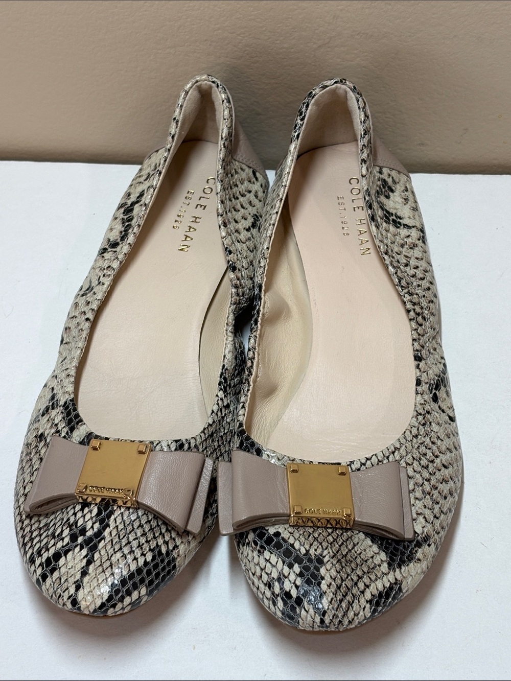 Cole Haan Women's Tali Bow Snake-Print Ballet Flats in Taupe, 6